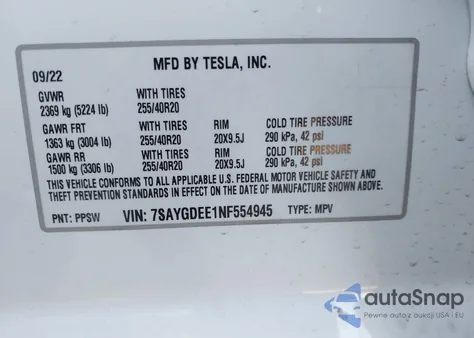 2022 Tesla Model Y Long Range Dual Motor All-Wheel Drive из США, поврежденный, VIN 7SAYGDEE1NF554945